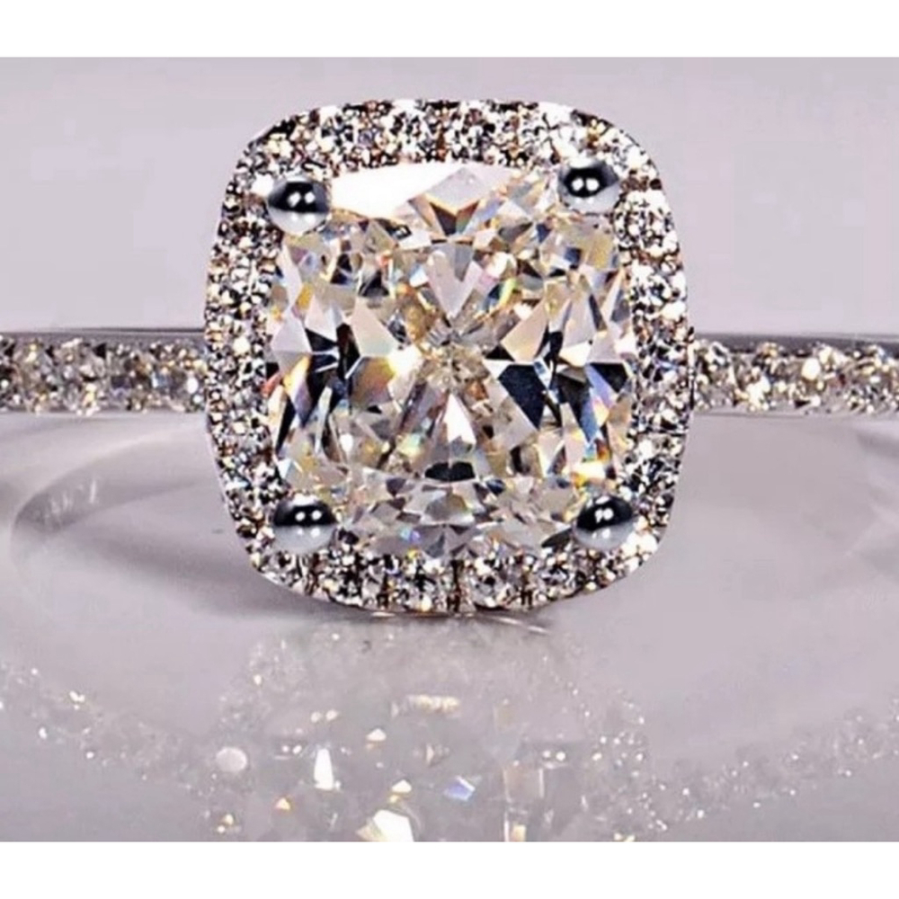 6ct Cushion Cut Halo Engagement Ring | 925 Sterling Silver Platinum - Picture 12 of 16